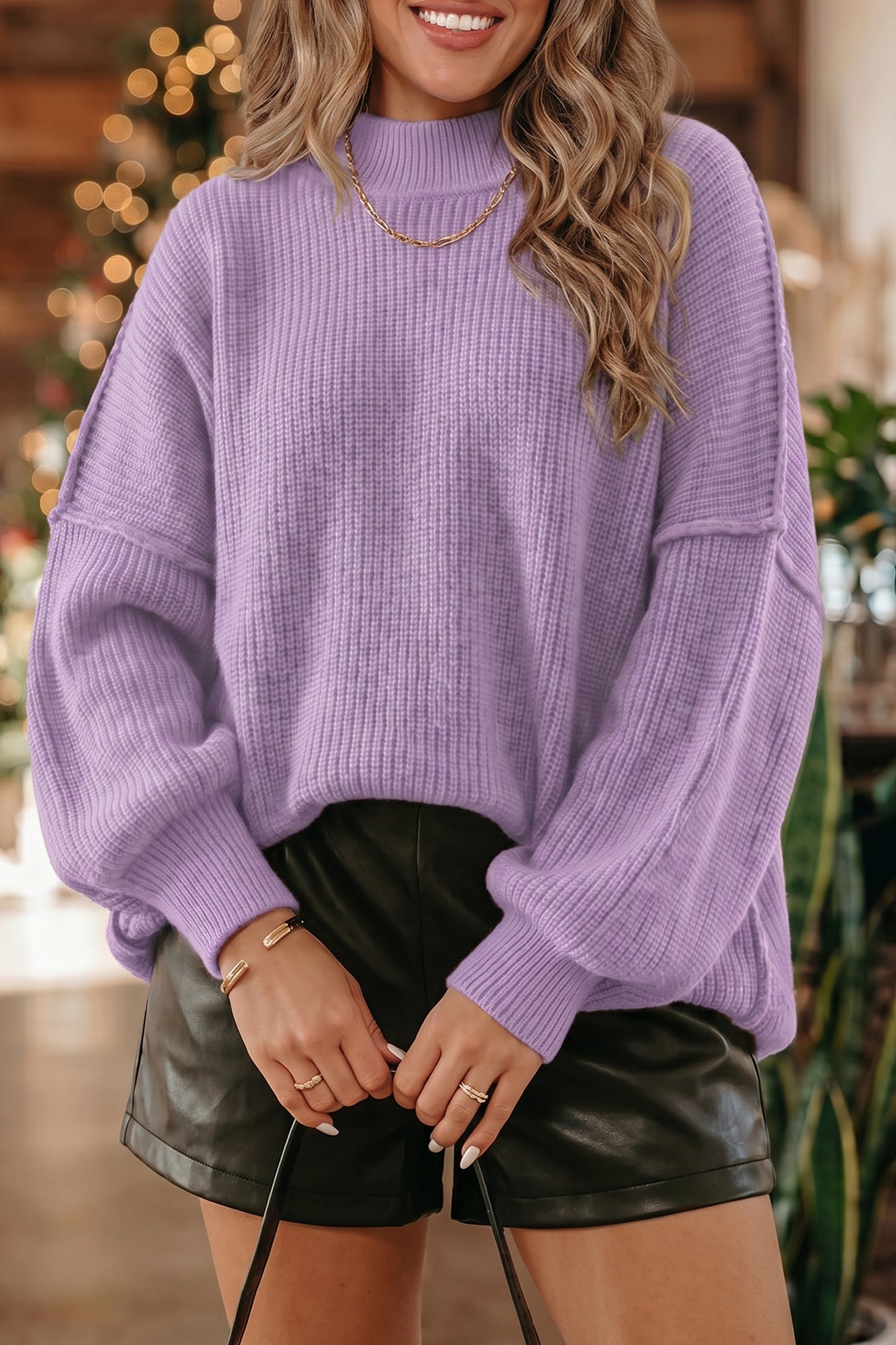 Long Sleeve Ribbed Knit Stand Neck Regular Fit Sweater