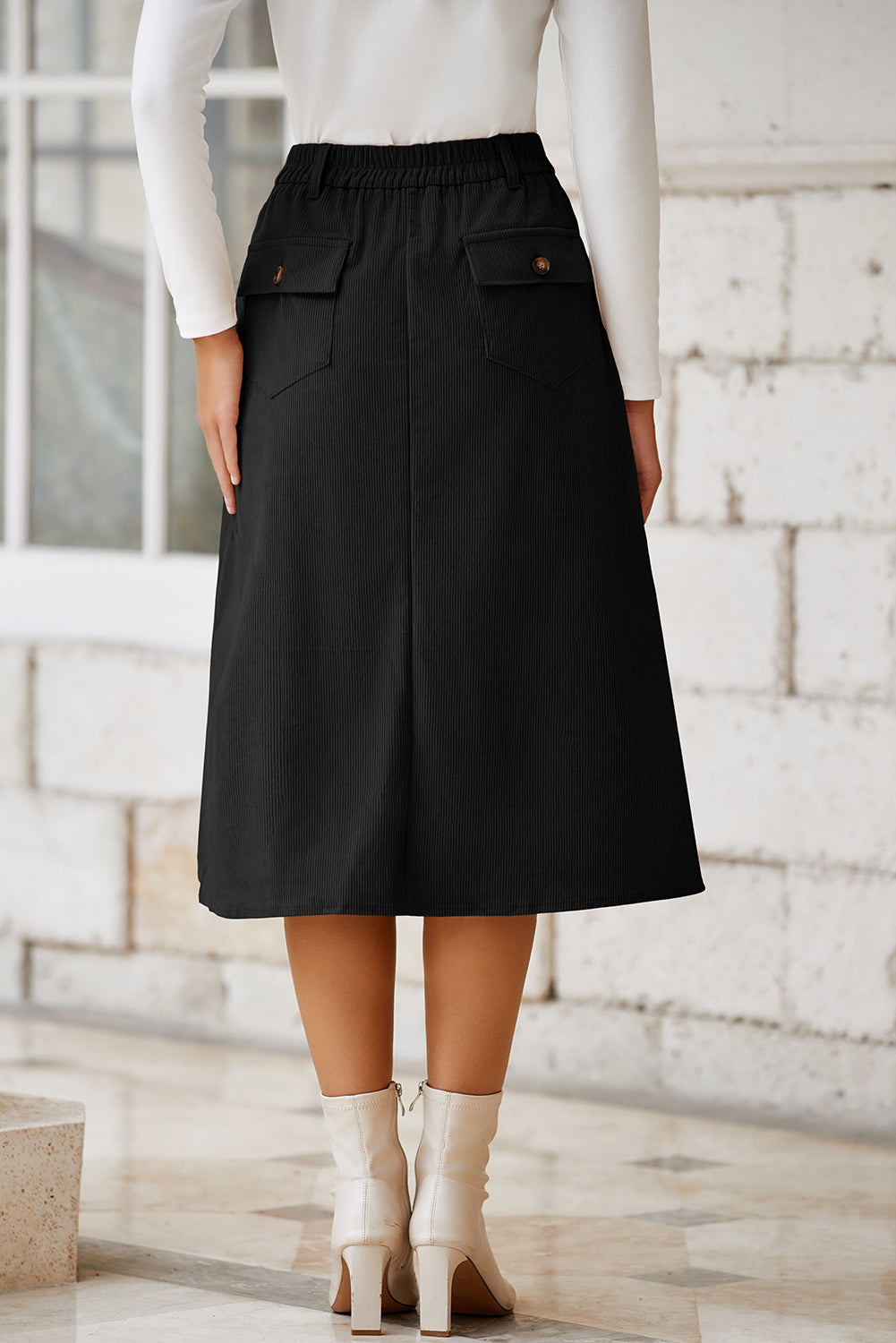 Black Front Slit Shift High Waist Midi Skirt