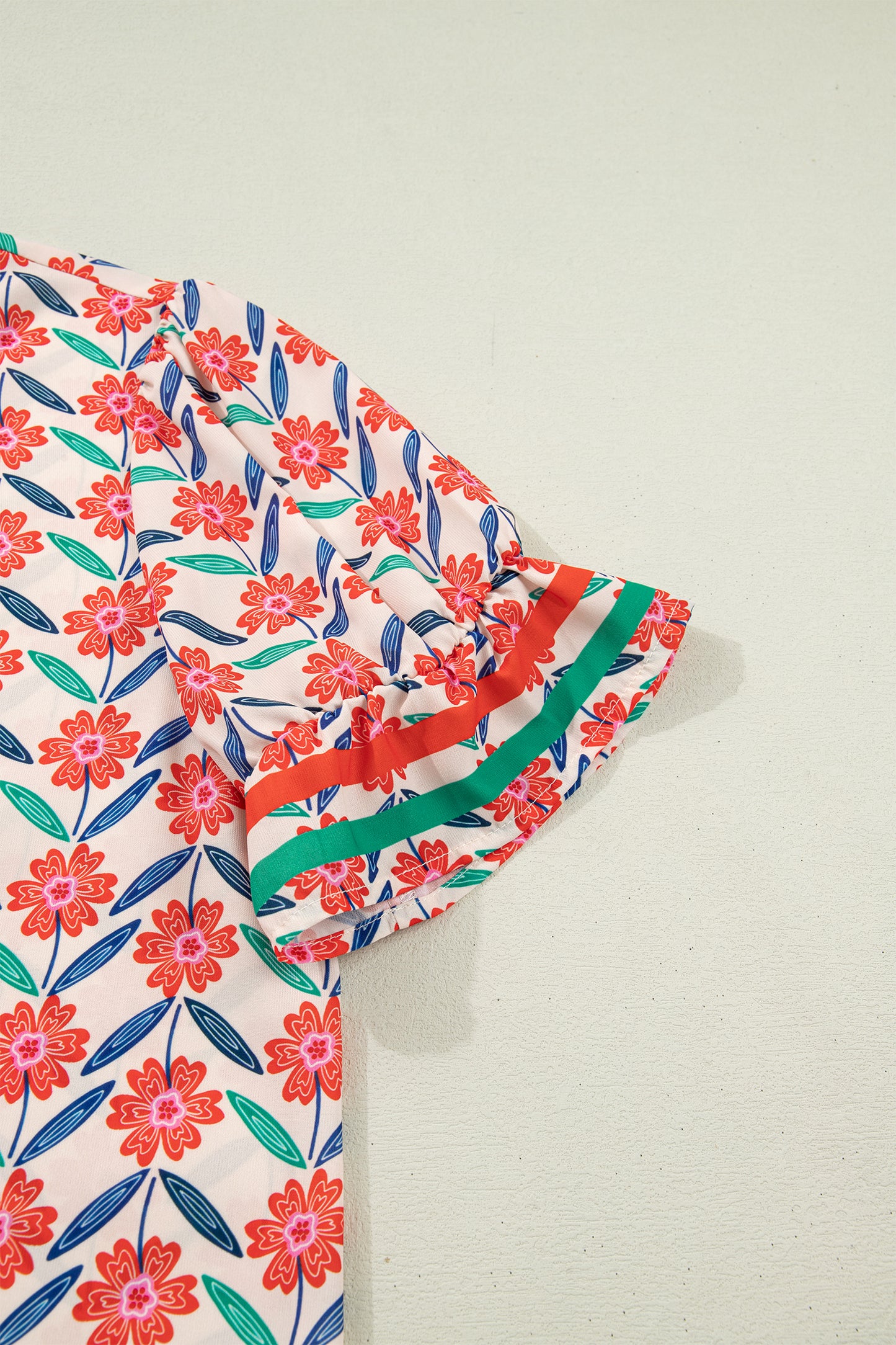 Red Floral Print Striped Detail V Neck Ruffled Short Sleeve Blouse