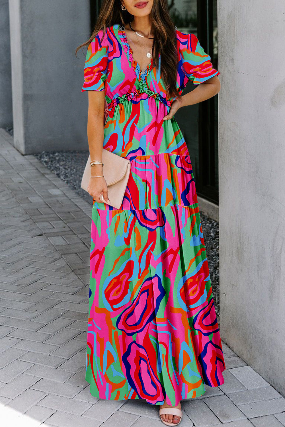 Multicolor Fiery Floral Print Frilled V Neck Short Sleeve Maxi Dress