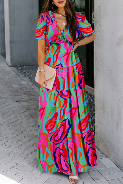 Multicolor Fiery Floral Print Frilled V Neck Short Sleeve Maxi Dress