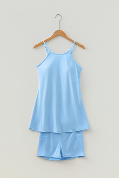 Solid Color Tunic Tank Dress Athletic Shorts Two Piece Set