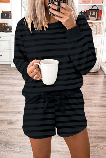 Printed Leopard Long Sleeve Satin Tie Shorts Two Piece Set