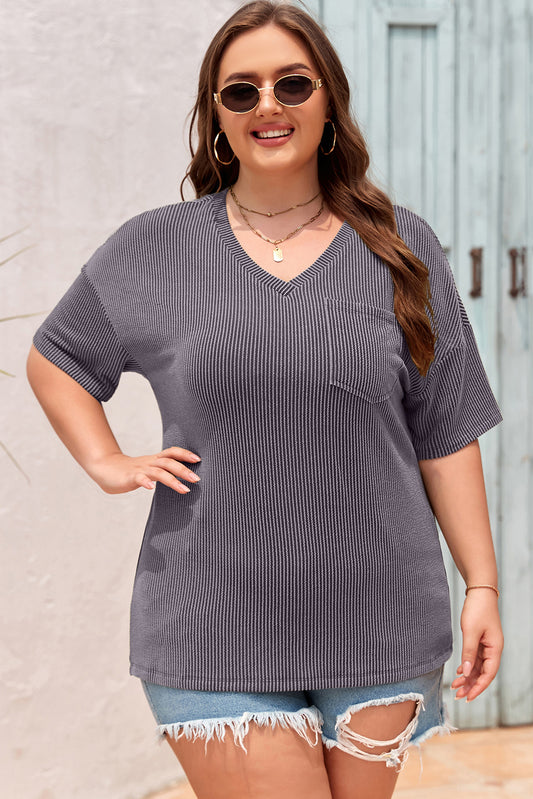 Textured V-Neck Dropped Shoulder Plus T-Shirt
