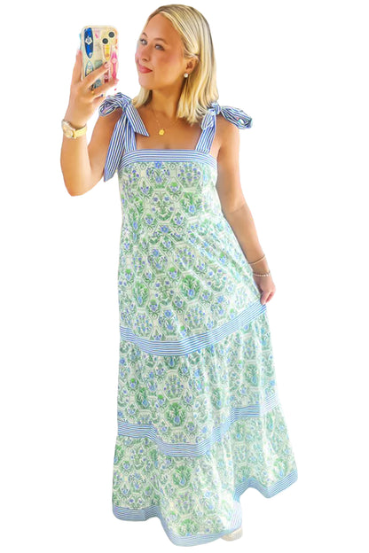 Geometric Floral Print Striped Patchwork Detail Sleeveless Dress