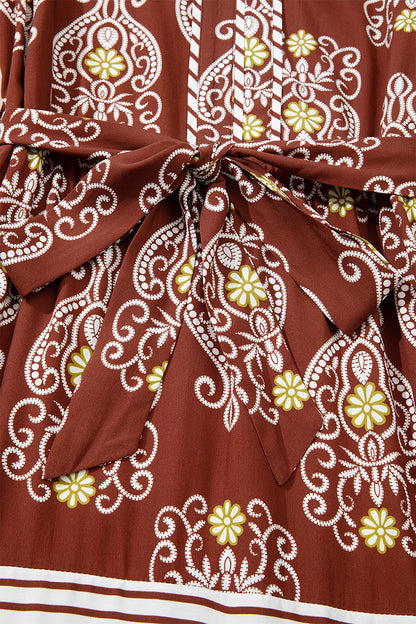 Brown Floral Print Belted Striped Trim Tiered Maxi Dress