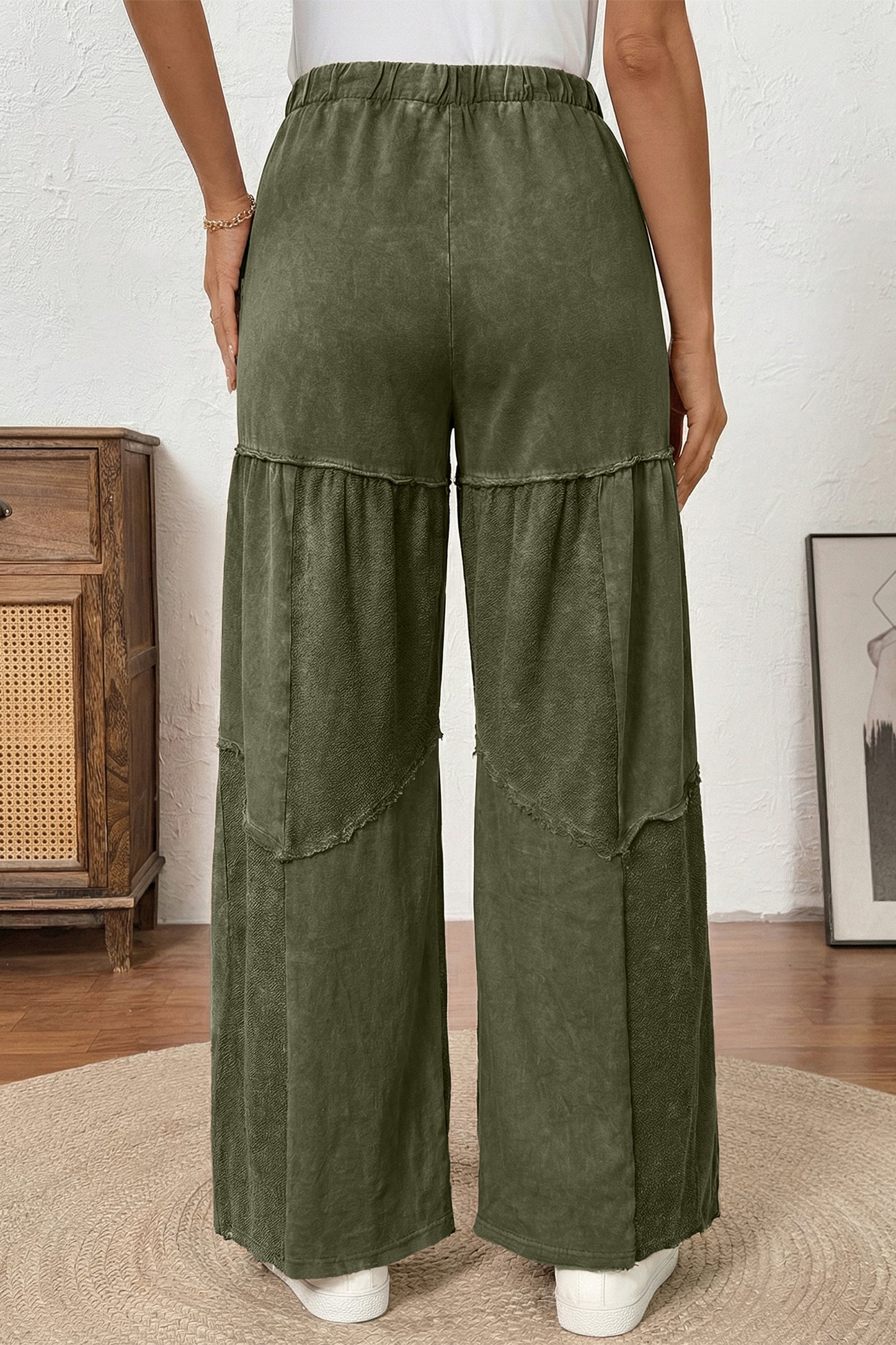 Wild Ginger Careys Mineral Wash Tiered Wide Leg Patchwork Drawstring Pants