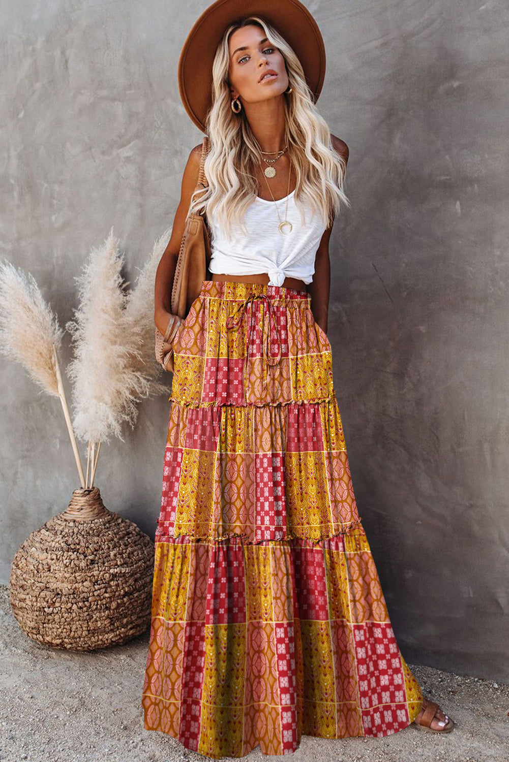 Tiered Paisley Print Pocketed Maxi Skirt