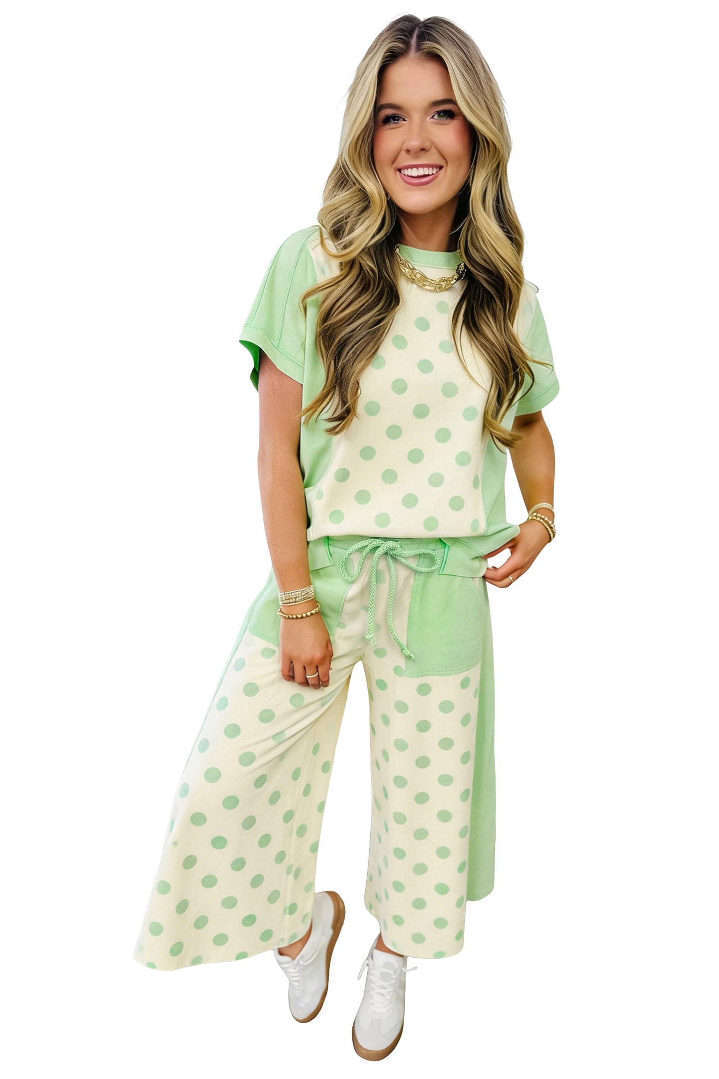 Color Block Patchwork Polka Dot Wide Leg Pant Set