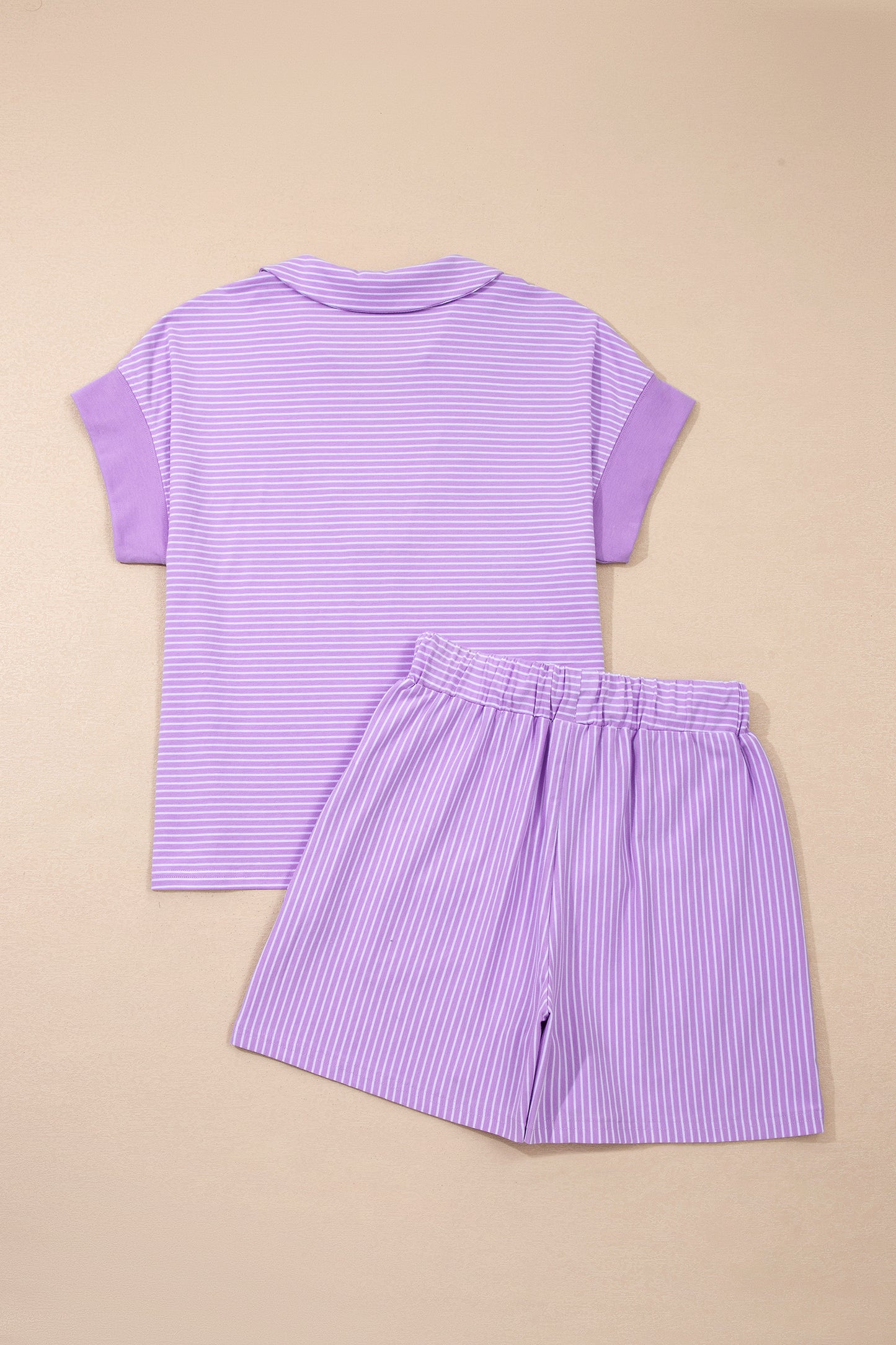 Stripe Dolman Sleeve Polo Shirt and Drawstring Shorts Set