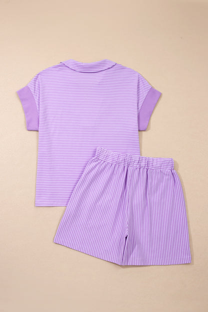 Stripe Dolman Sleeve Polo Shirt and Drawstring Shorts Set