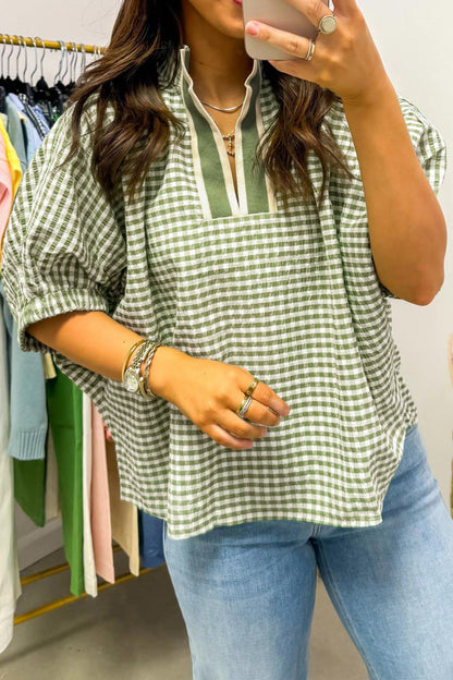 Plaid Short Sleeve Colorblock Trim Split Neck Blouse