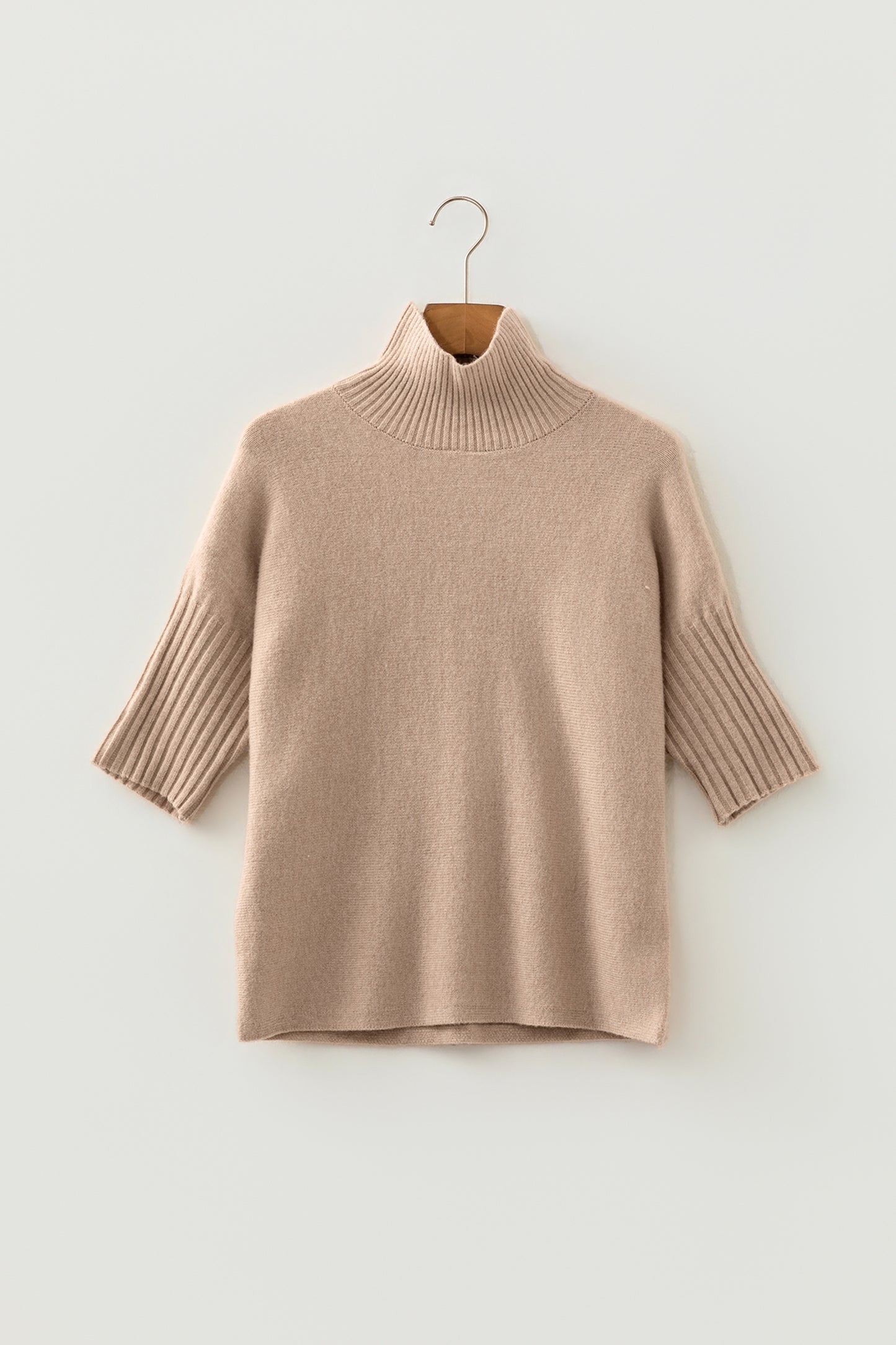 Beige High Neck Short Sleeve Solid Shift Sweater Regular Wash Casual Daily Wear