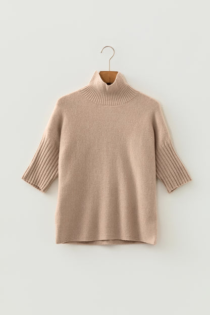 Beige High Neck Short Sleeve Solid Shift Sweater Regular Wash Casual Daily Wear