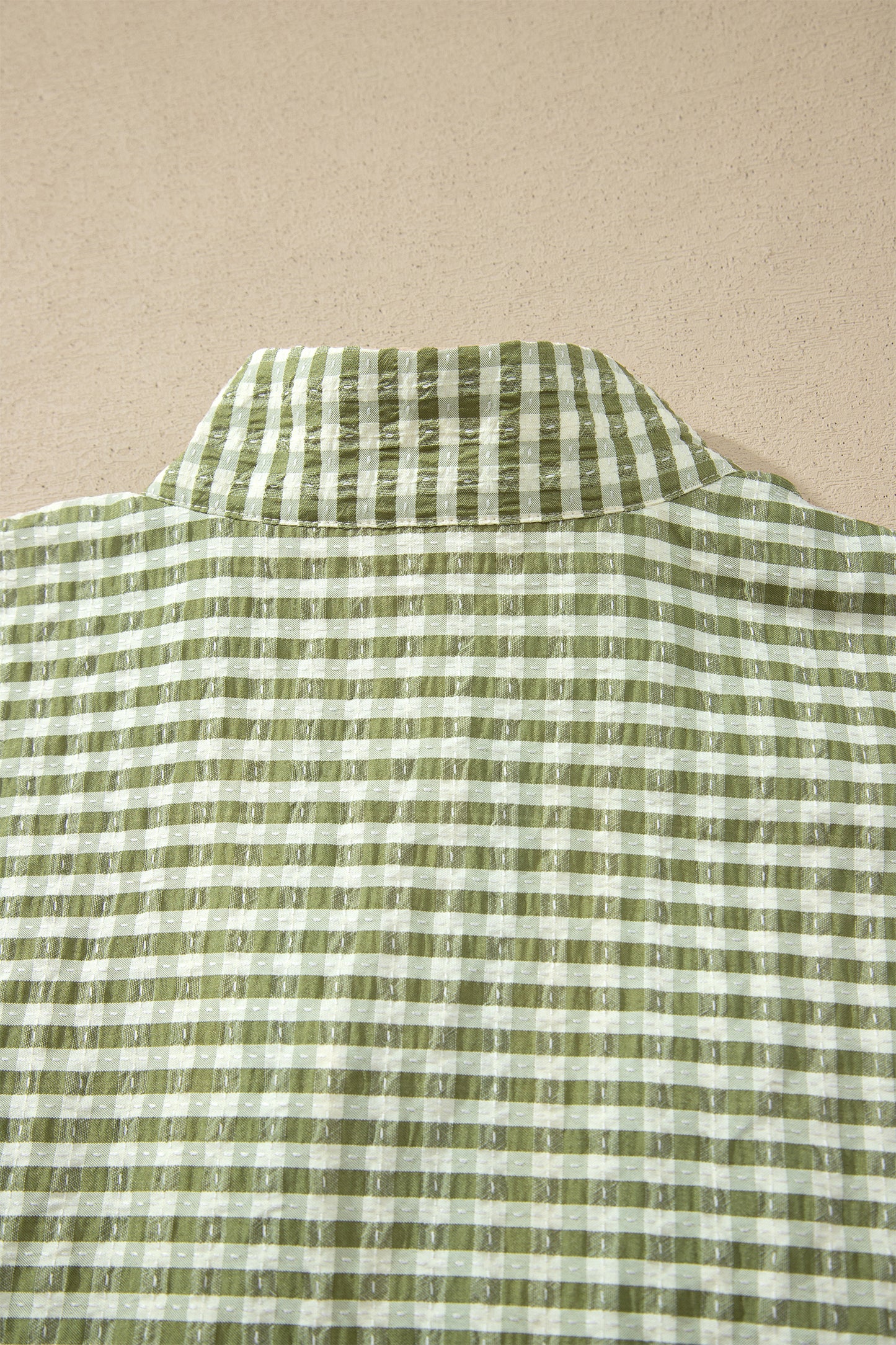 Plaid Short Sleeve Colorblock Trim Split Neck Blouse