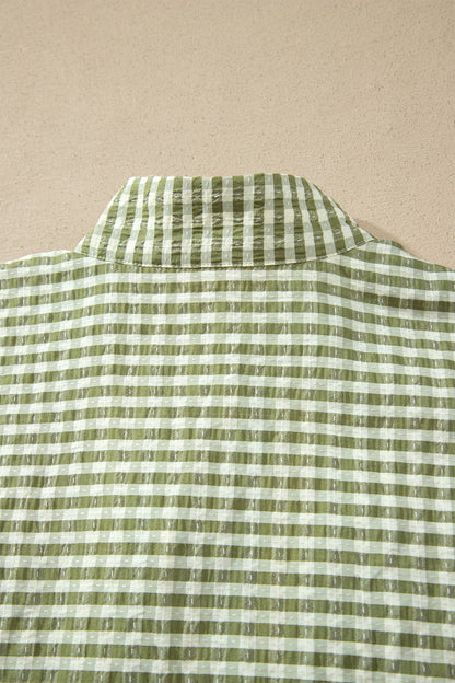 Plaid Short Sleeve Colorblock Trim Split Neck Blouse
