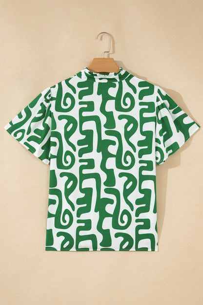 Abstract Print Striped Trim V Neck Short Sleeve Blouse