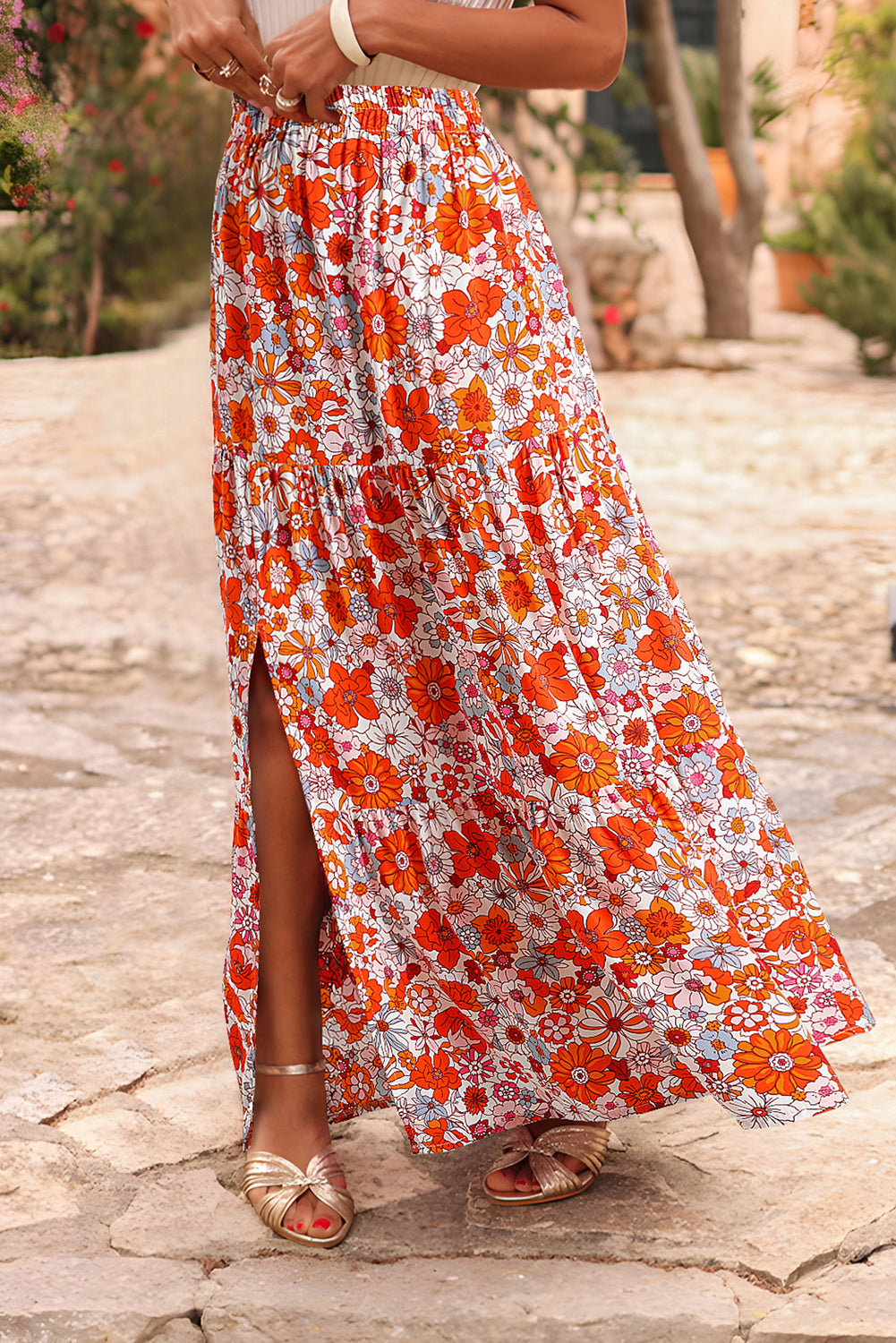 Bohemian Floral Print Tiered Maxi Skirt with Split