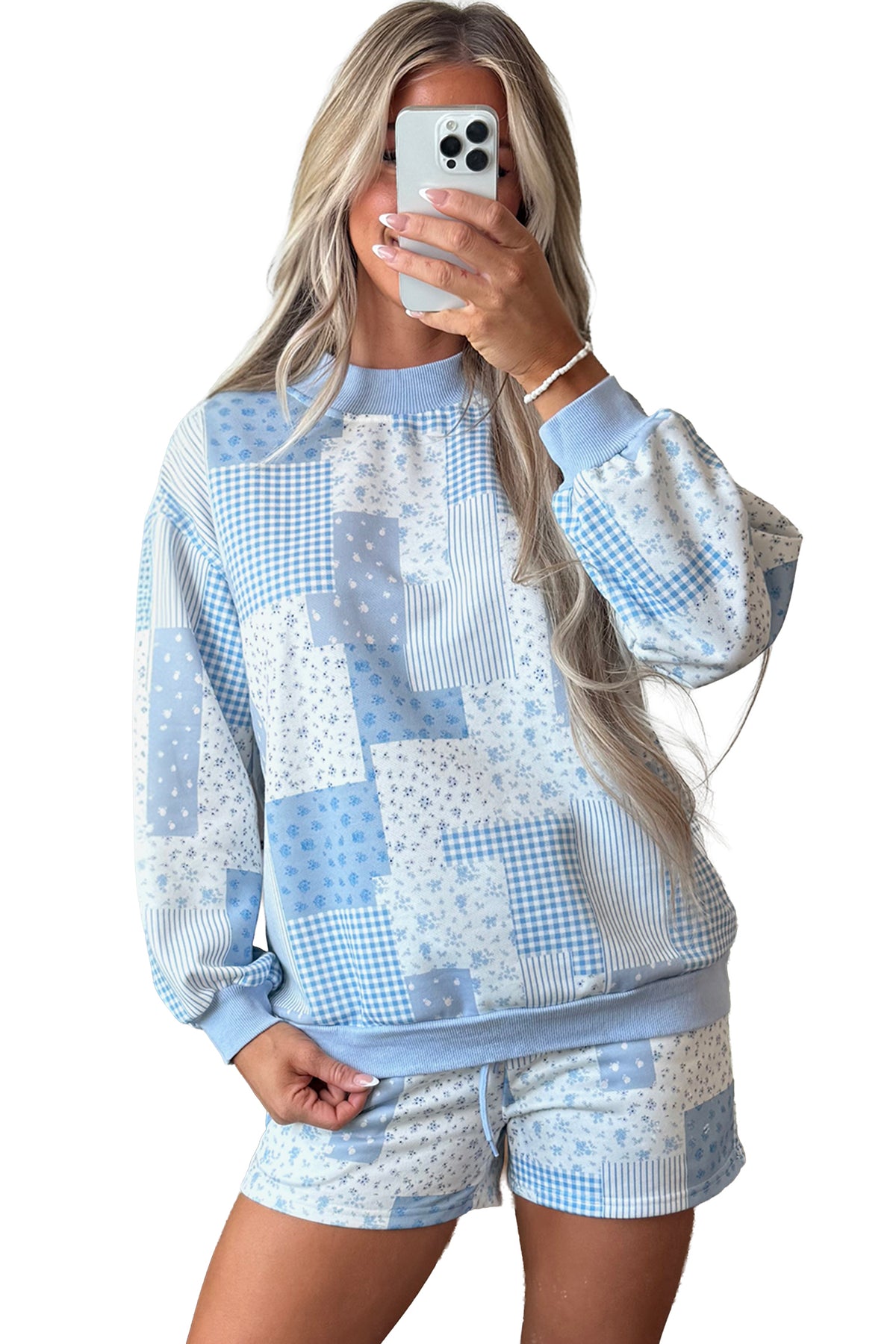Patchwork Floral Print Drop Shoulder Baggy Pullover Drawstring Shorts Set