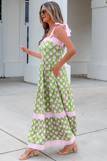 Floral Print Striped Detail Knot Straps Maxi Dress