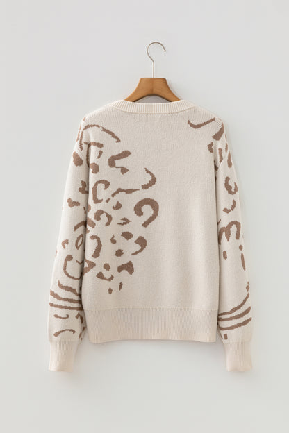 Camel Asymmetric Leopard Print Detail Drop Shoulder Sweater
