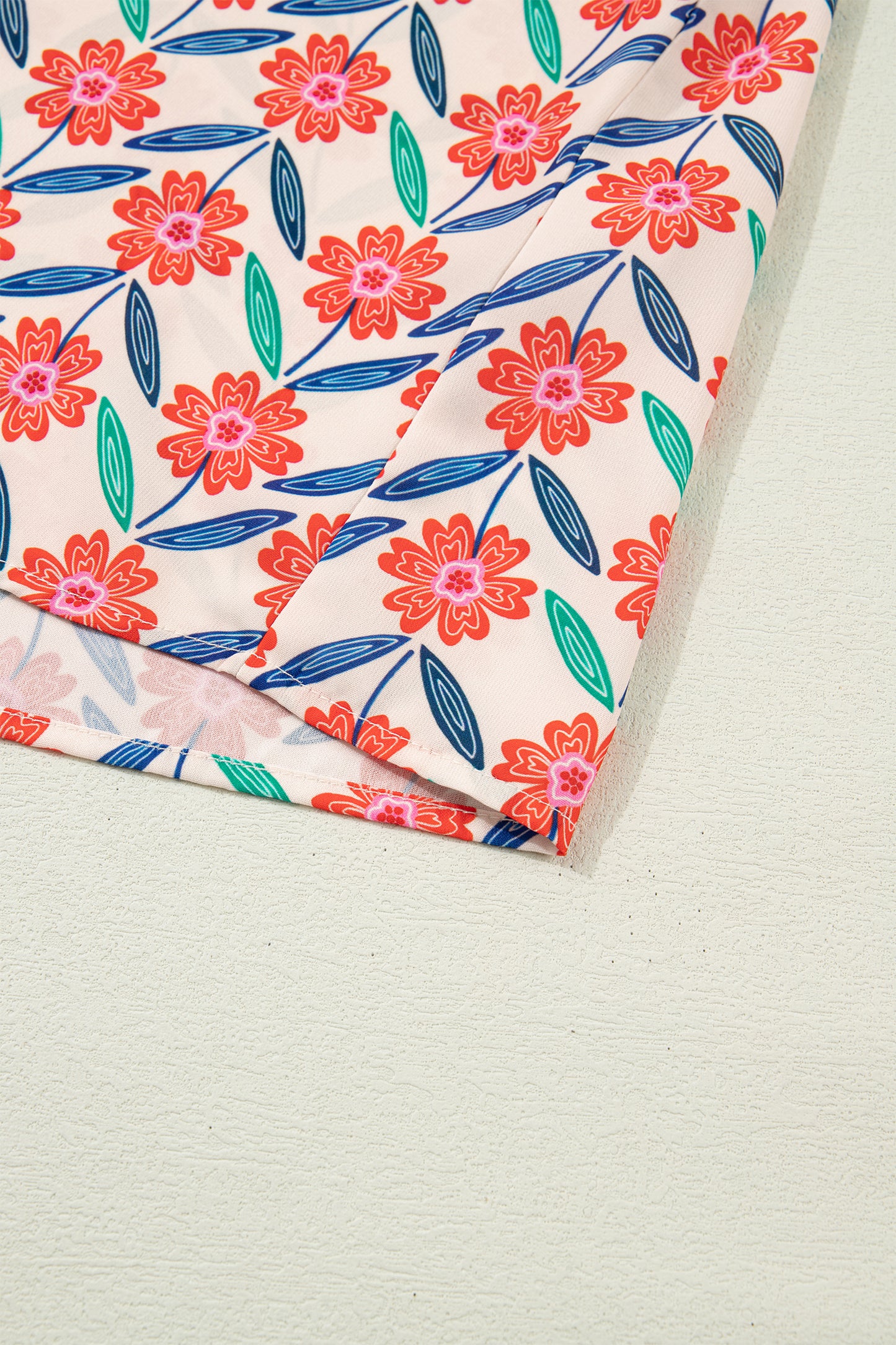 Red Floral Print Striped Detail V Neck Ruffled Short Sleeve Blouse