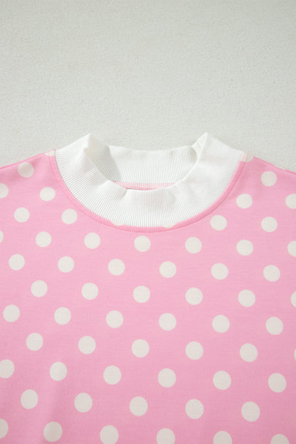 Polka Dot Print Color Block Trim Mock Neck Short Set