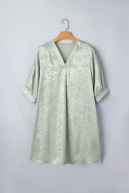 Meadow Mist Green Metallic V Neck Half Sleeve Loose Mini Dress