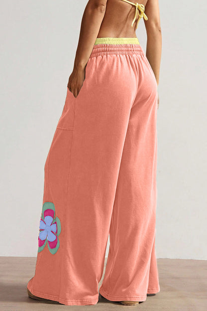 Color Block Flower Patchwork Drawstring Contrasted Elastic Waist Wide Leg Pants