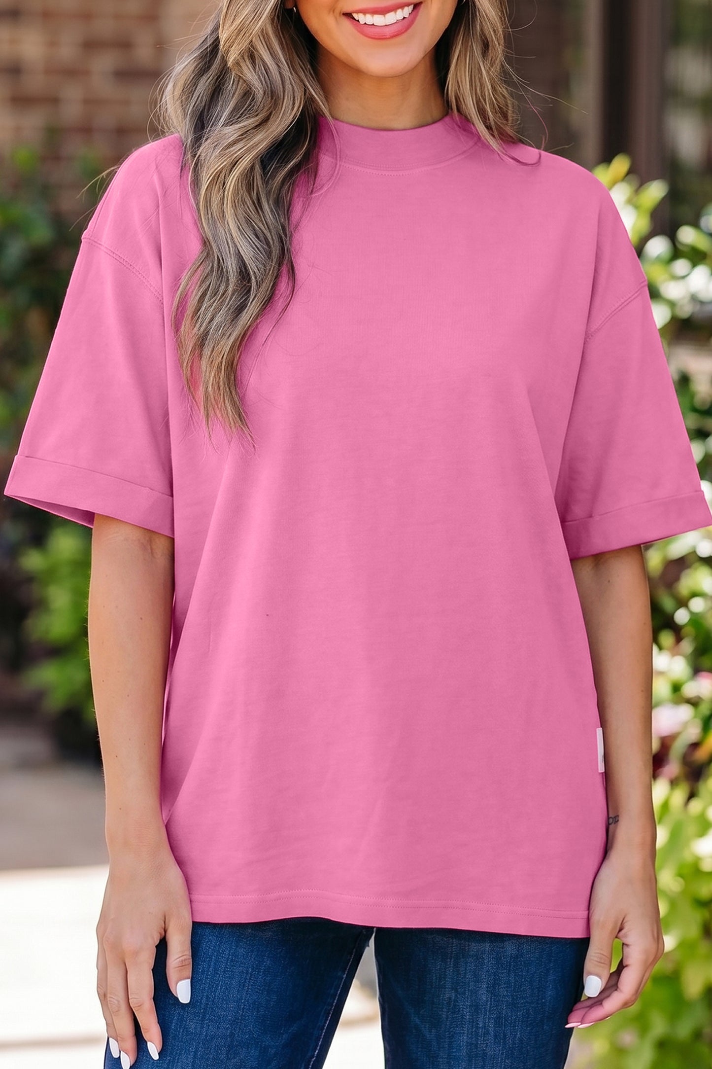 Pink Solid Color High Neck Oversize Tee