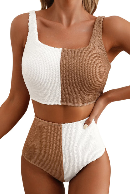 White Corded Colorblock Square Neck Bikini Swimsuit