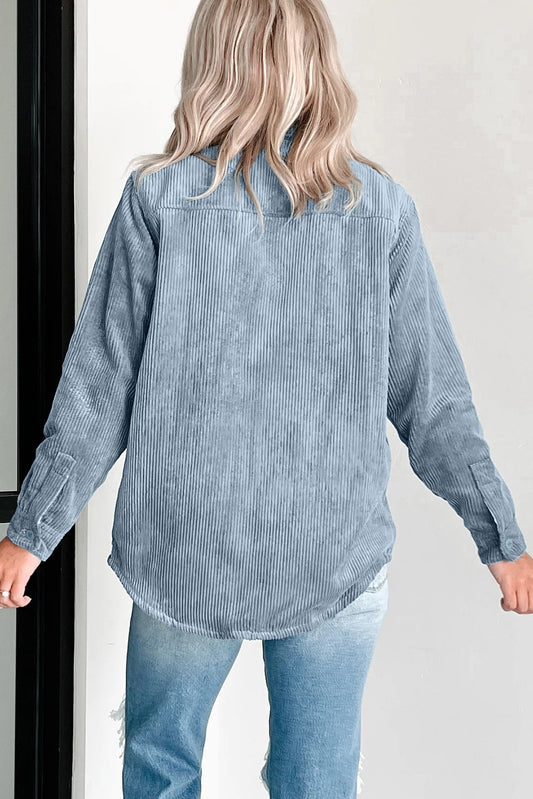 Stone Blue Plaid Corduroy Reversible Button Up Shacket