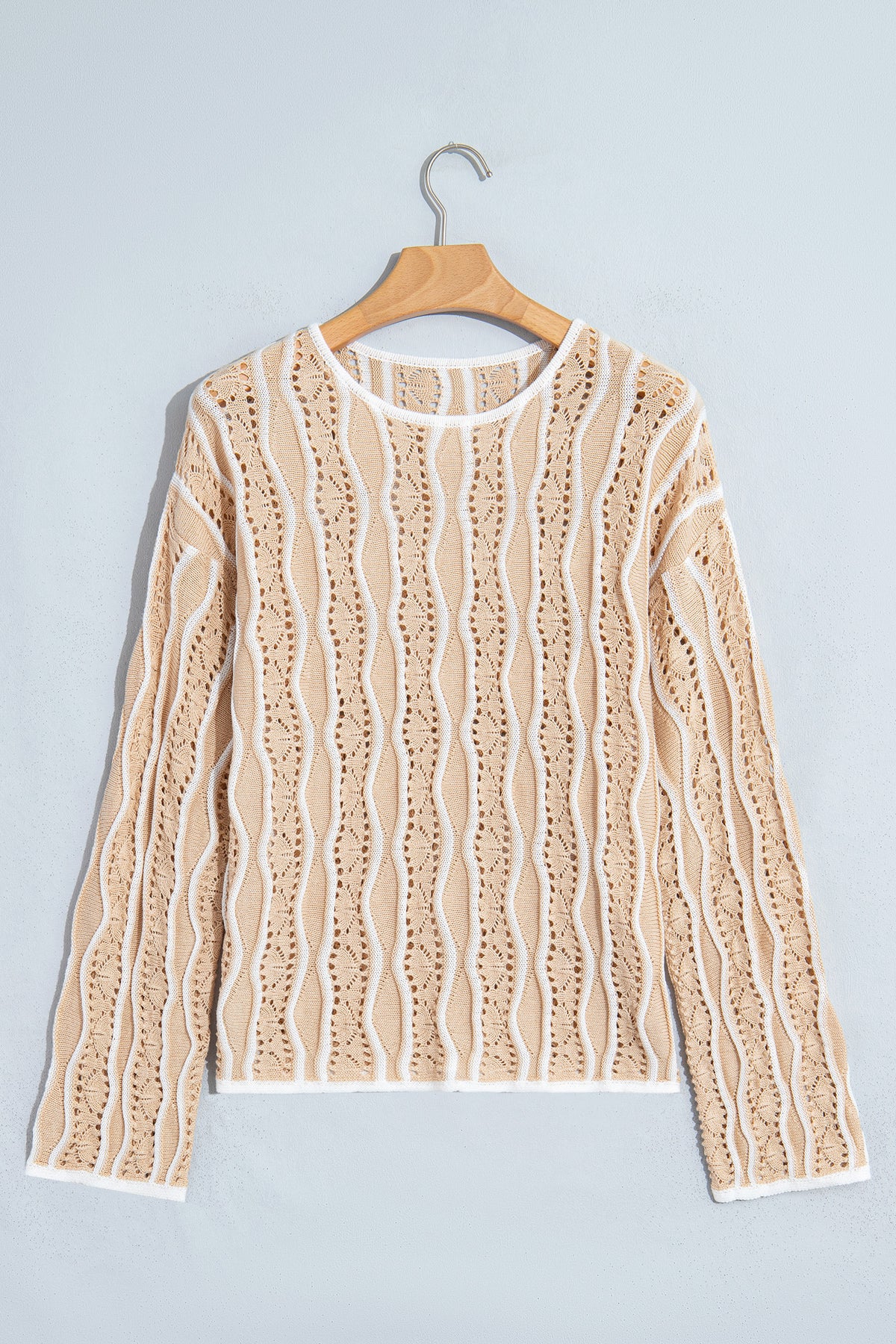 Wavy Detail Hollow Out Knit Long Sleeve Cotton Pullover Sweater