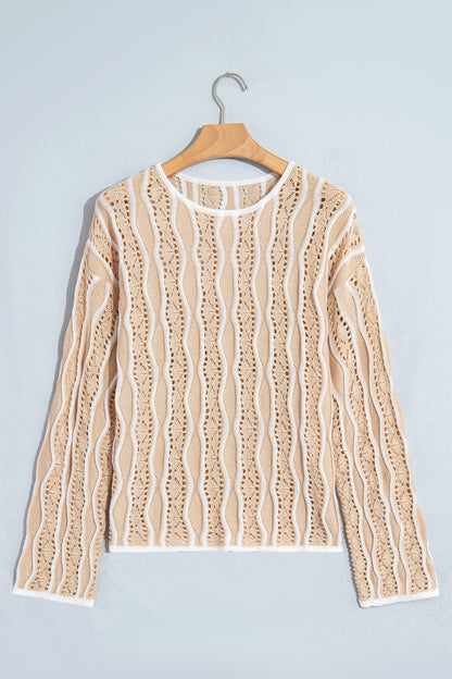 Wavy Detail Hollow Out Knit Long Sleeve Cotton Pullover Sweater