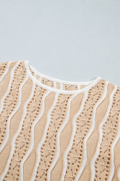 Wavy Detail Hollow Out Knit Long Sleeve Cotton Pullover Sweater