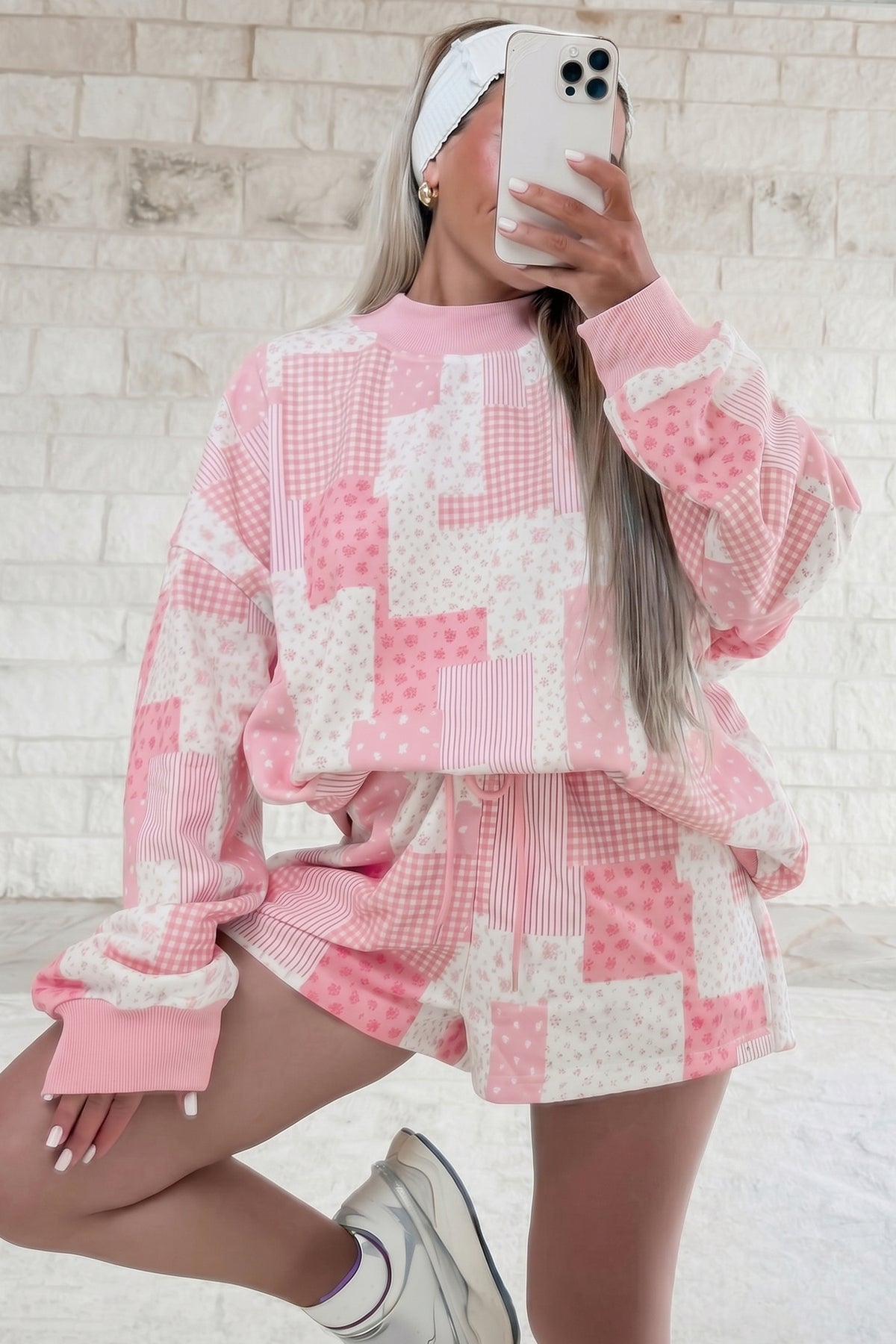 Patchwork Floral Print Drop Shoulder Baggy Pullover Drawstring Shorts Set