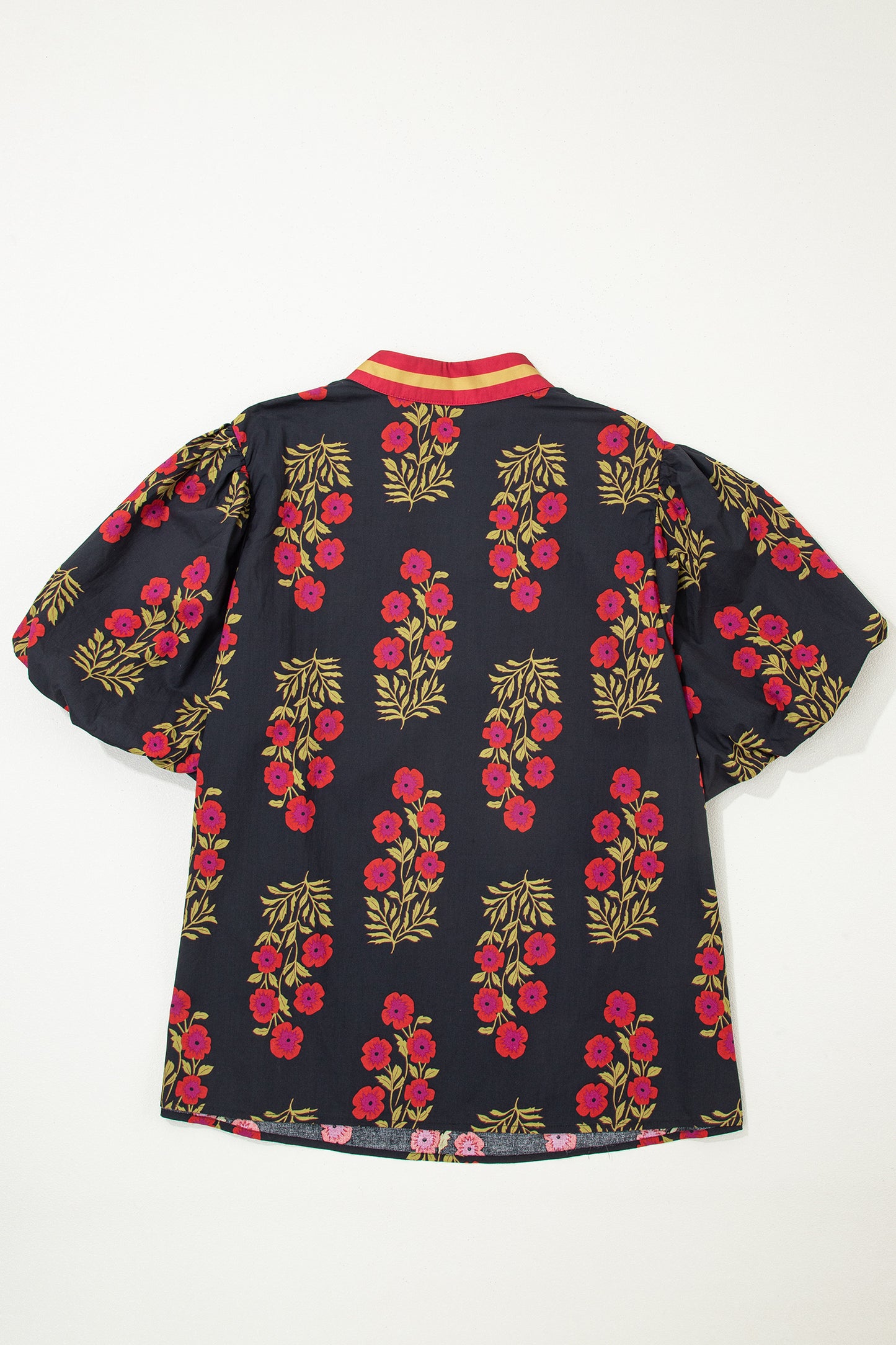 Plus Size Floral Print Ricrac Striped Trim Short Sleeve Cotton Blouse