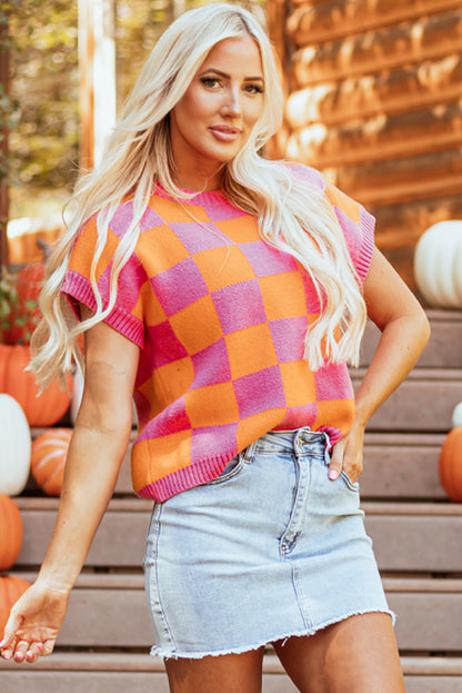 Light French Beige Colorblock Plaid Pattern Ribbed Trim Sweater Tank Top