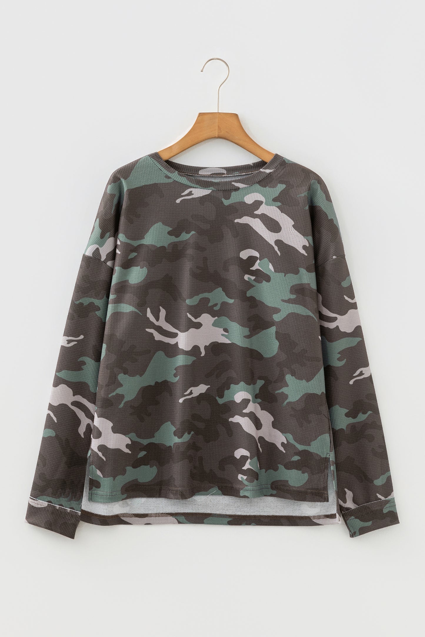 Green Camouflage Print Textured Drop Shoulder Long Sleeve Top