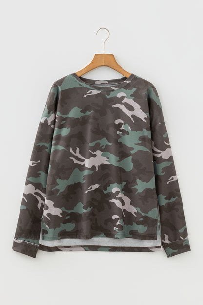 Green Camouflage Print Textured Drop Shoulder Long Sleeve Top