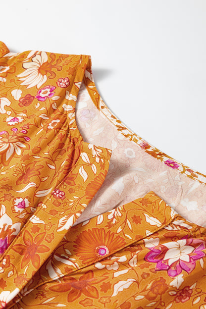 Orange Floral Print Smocked Waist Long Sleeve Boho Maxi Dress