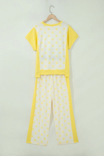 Color Block Patchwork Polka Dot Wide Leg Pant Set
