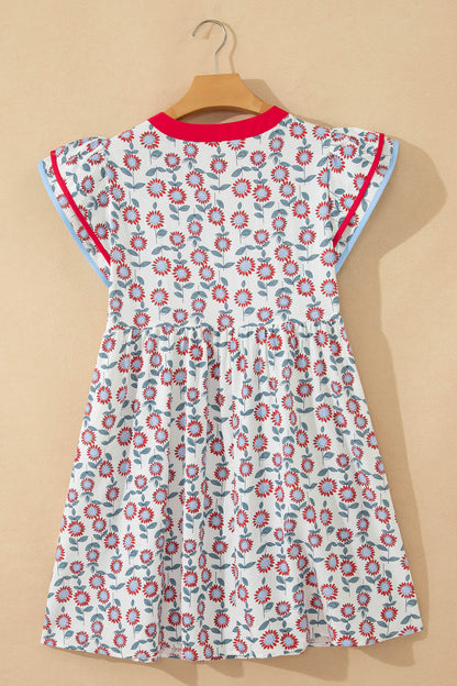 Floral Print Contrast Trim Flutter Sleeve Mini Dress
