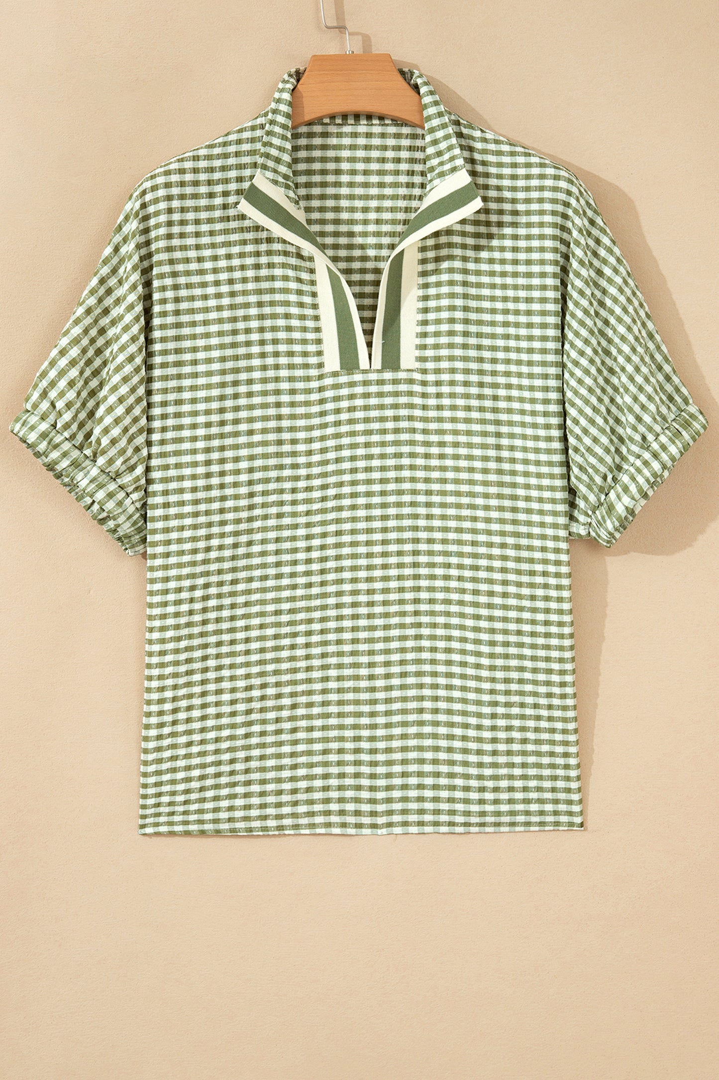 Plaid Short Sleeve Colorblock Trim Split Neck Blouse