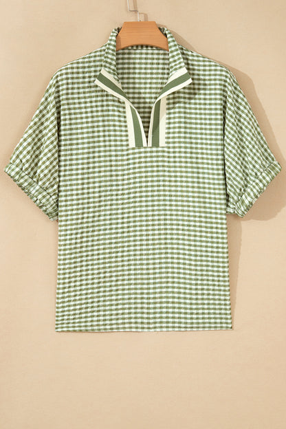 Plaid Short Sleeve Colorblock Trim Split Neck Blouse