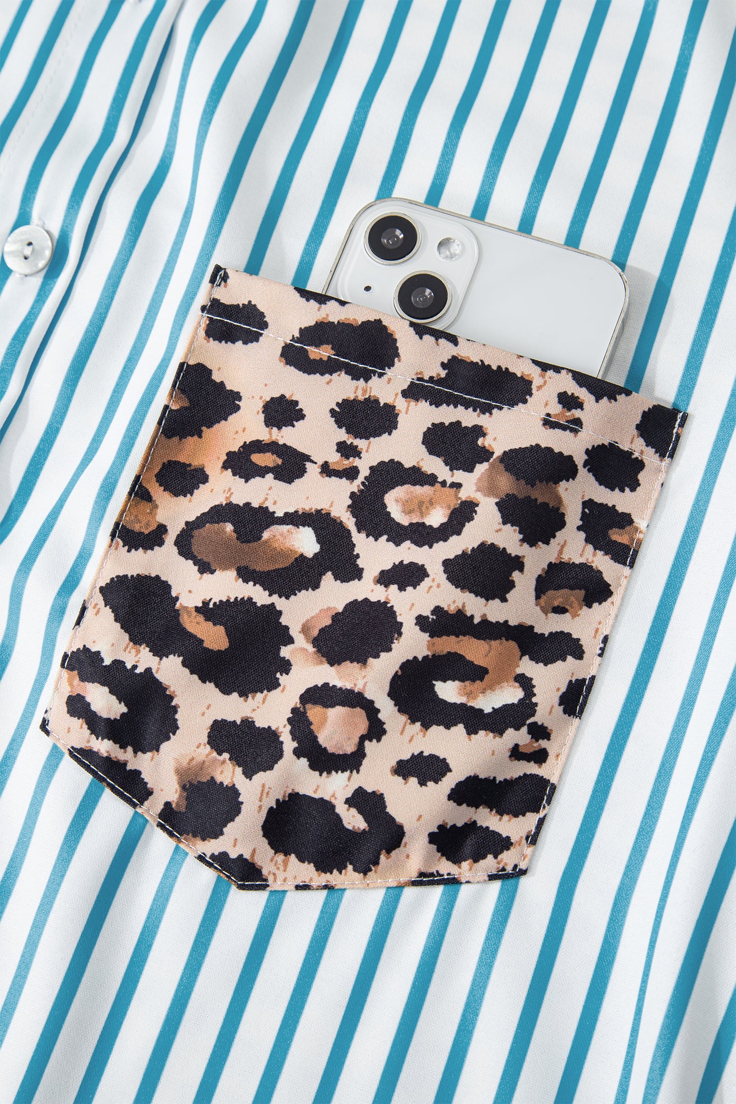 Brown Stripe Contrast Leopard Patchwork Long Shirt Dress with Slits