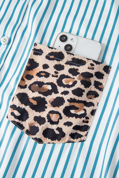 Brown Stripe Contrast Leopard Patchwork Long Shirt Dress with Slits