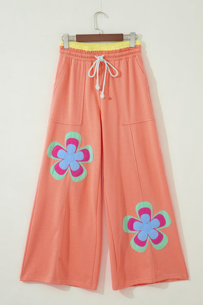 Color Block Flower Patchwork Drawstring Contrasted Elastic Waist Wide Leg Pants