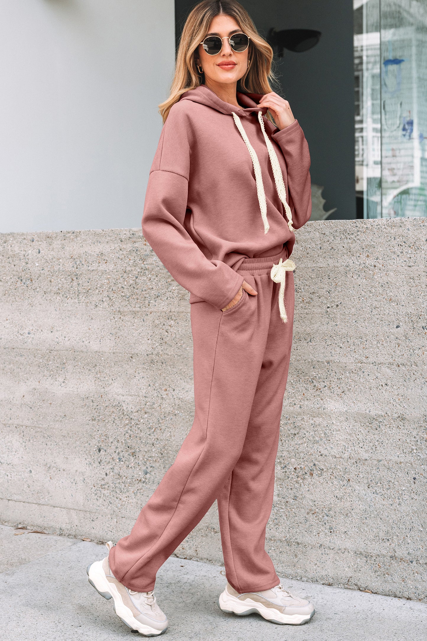 Lace Drawstring Pullover Hoodie and High Waist Pants Corduroy Suit