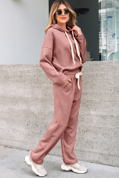 Lace Drawstring Pullover Hoodie and High Waist Pants Corduroy Suit